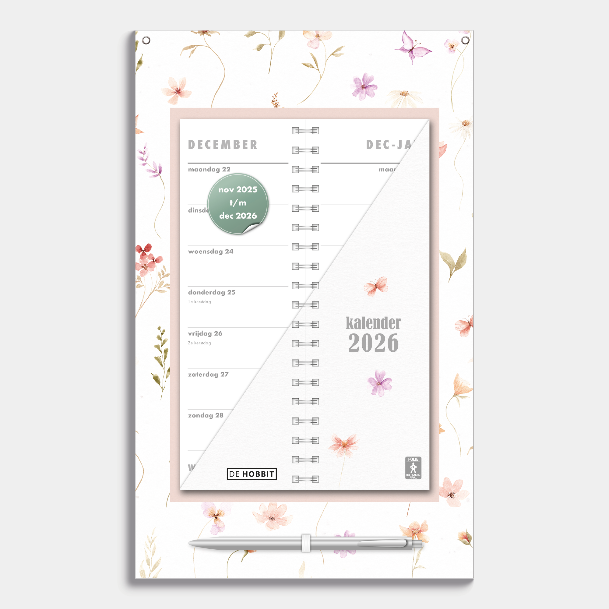 Omslagkalender 2026 met 2-weeks overzicht op een kartonnen bord met een design van aquarel geschilderde bloemetjes, voorzien van een pen en ophangkoord – vooraanzicht.
