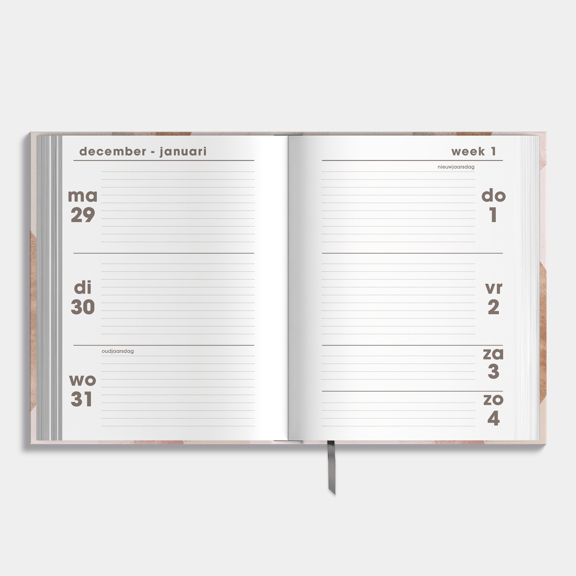 pocket agenda 2026 in A6 formaat met abstracte vormen in oudroze – weekoverzicht.