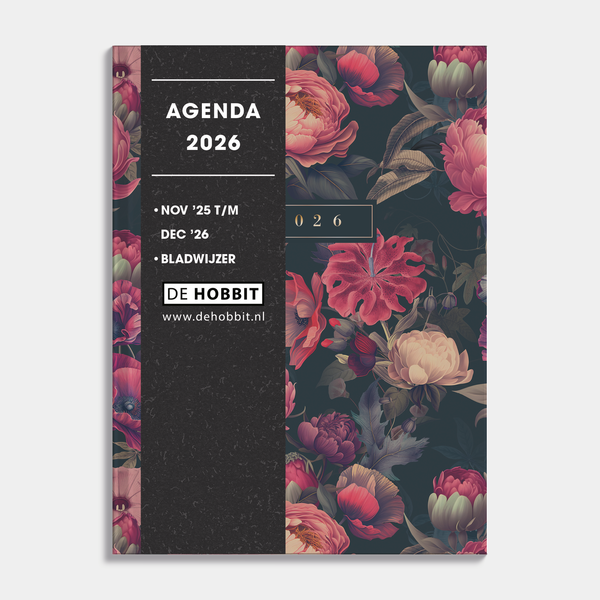 pocket agenda 2026 in A6 formaat met een klassieke print van rozen in rode tinten – vooraanzicht met informatieve banderol.