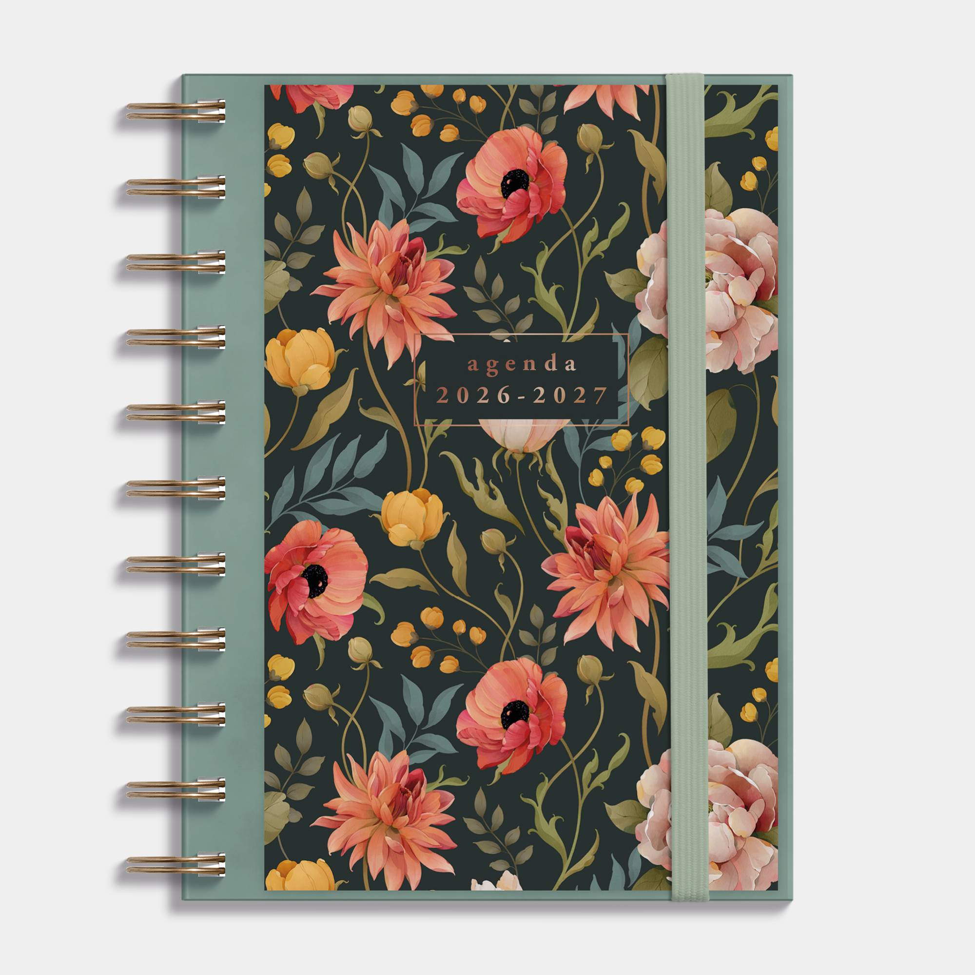 Ringband agenda 2026-2027 in A6 met vintage bloemenprint op insteekkaart, flexibele cover en elastische sluiting – vooraanzicht.
