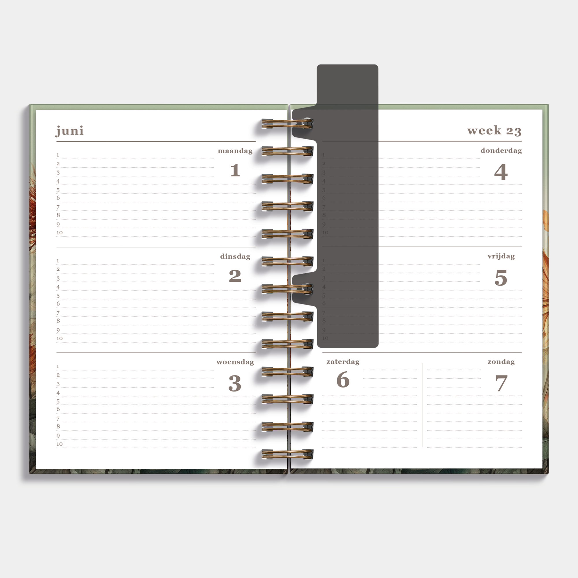 Ringband agenda 2026-2027 met veldbloemenprint, harde cover en elastische sluiting – weekoverzicht.