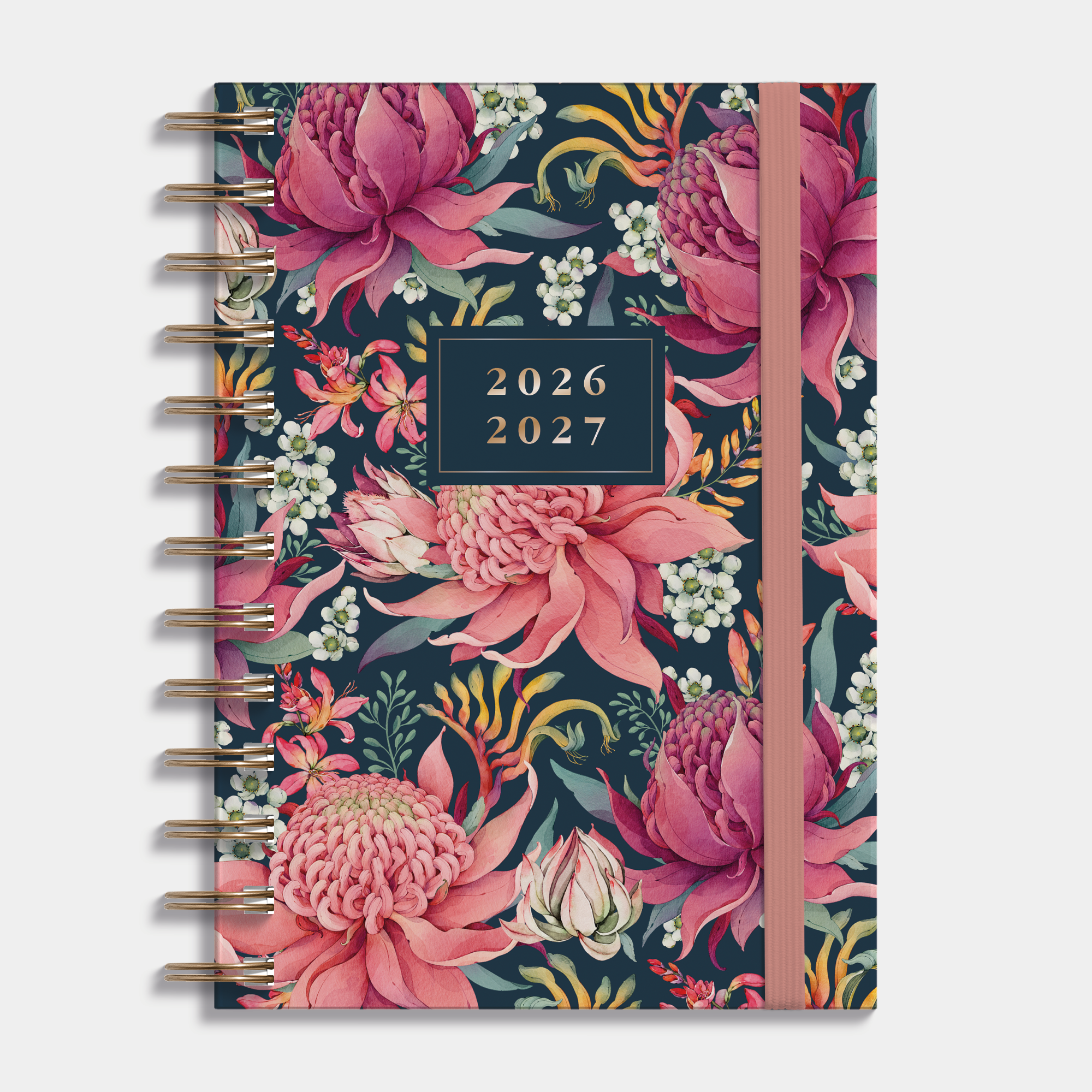 Ringband agenda 2026-2027 met exotische print van proteas, harde cover en elastische sluiting – vooraanzicht.