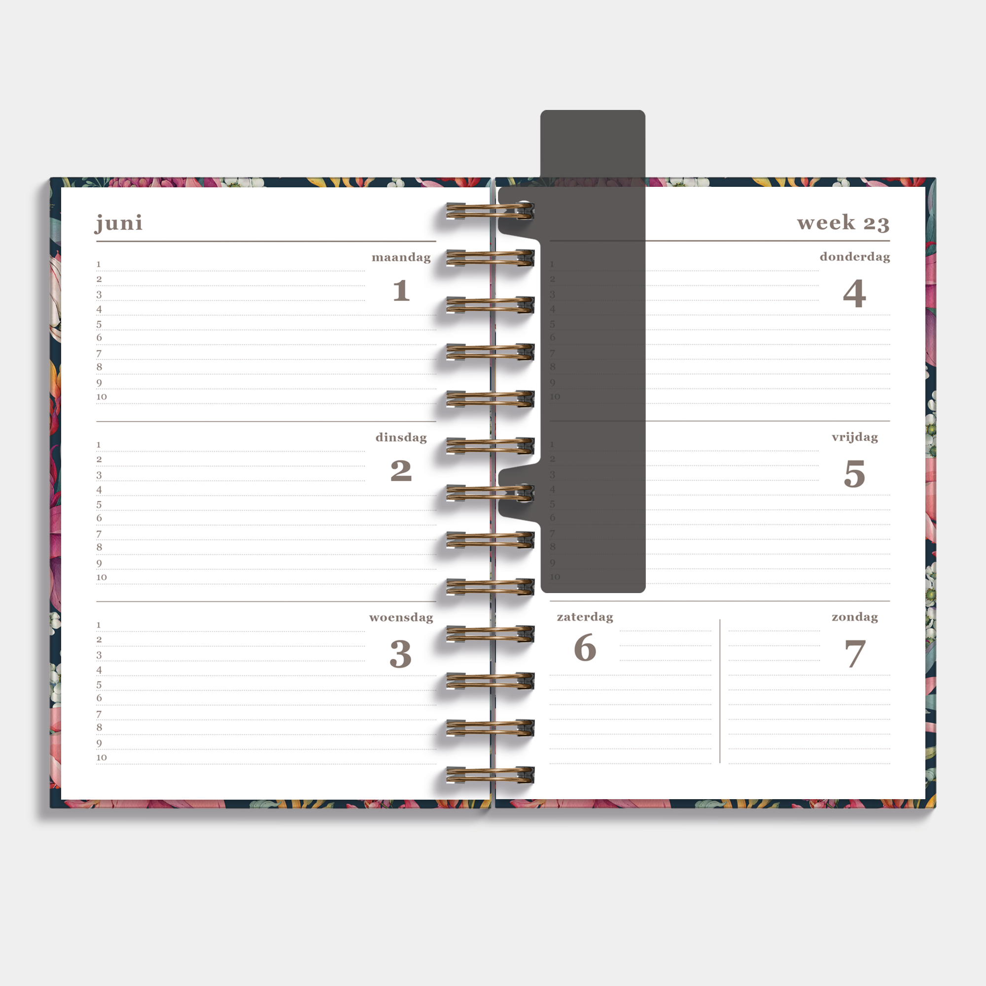 Ringband agenda 2026-2027 met exotische print van proteas – weekoverzicht.