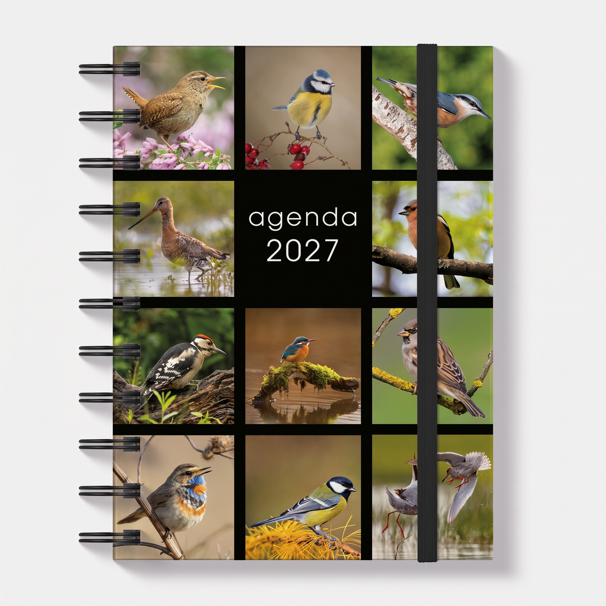 A6 ringband agenda 2027 met afbeeldingen van vogels, met harde cover en elastische sluiting – vooraanzicht.