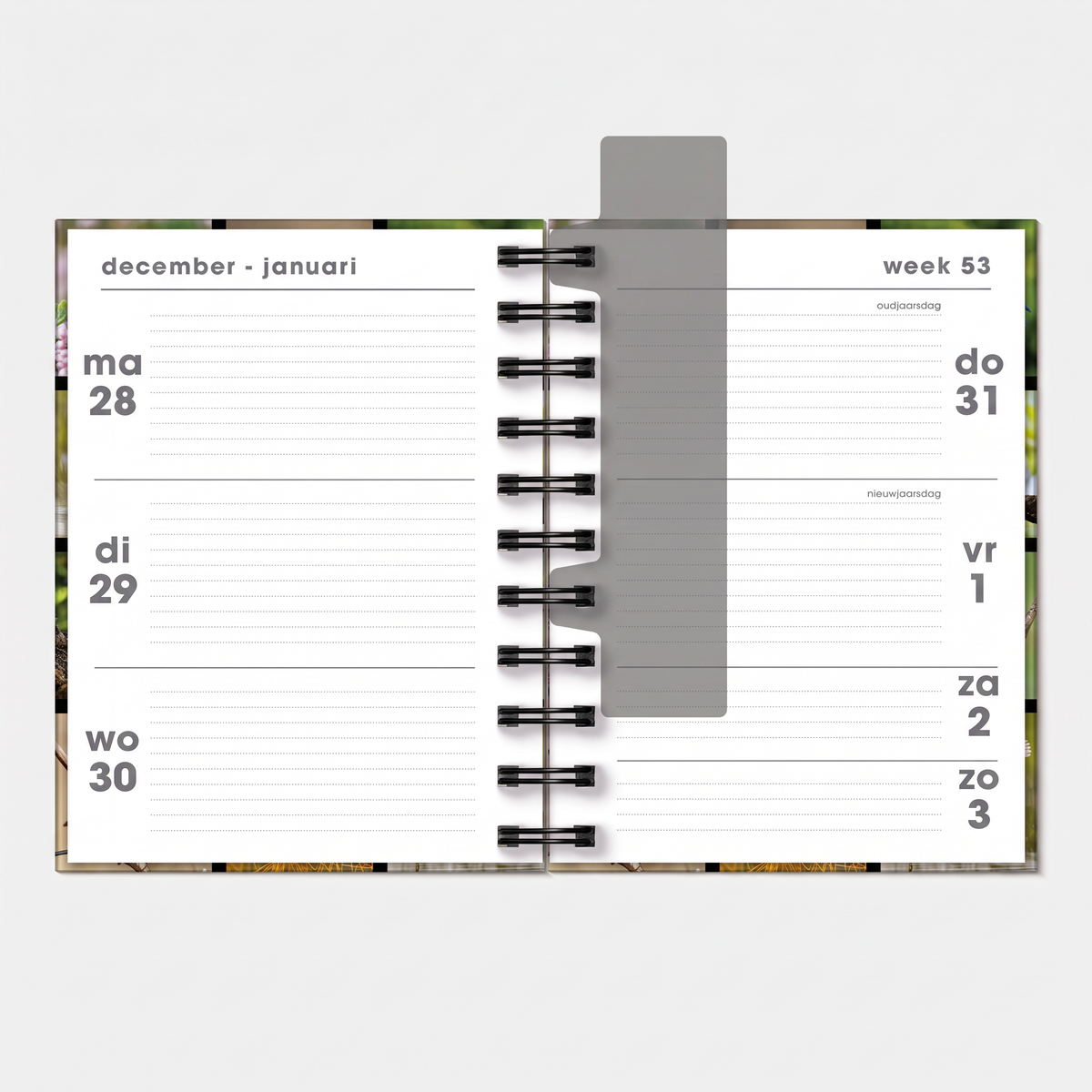 A6 ringband agenda 2027 met afbeeldingen van vogels – binnenwerk met weekoverzicht.