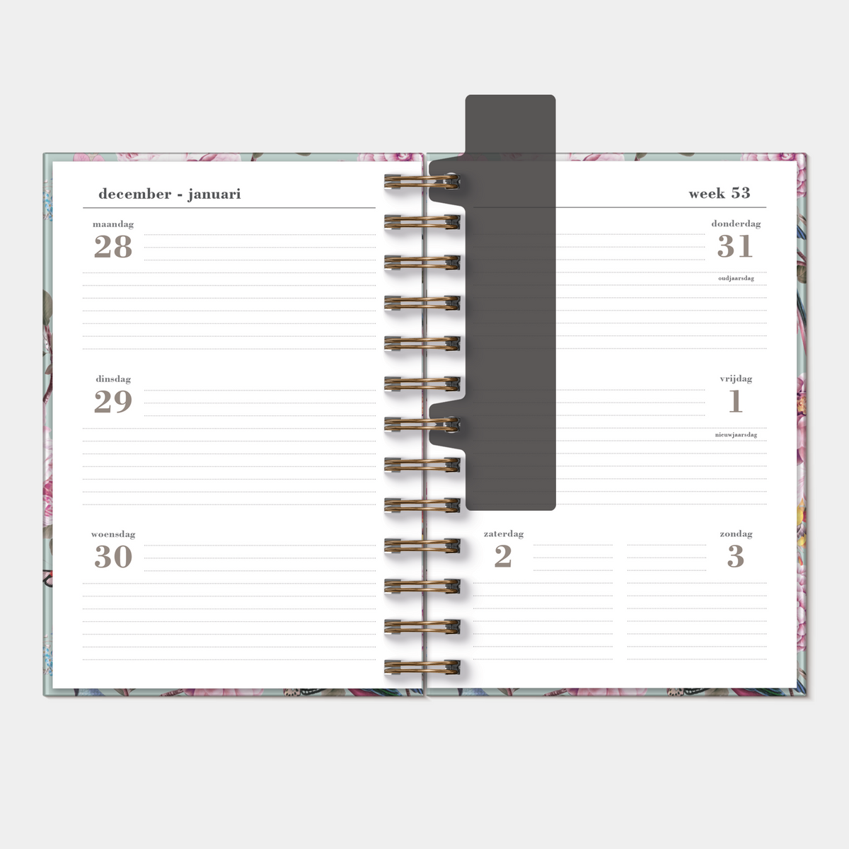 Ringband agenda 2027 in B6 formaat met romantische print – binnenwerk met weekoverzicht.
