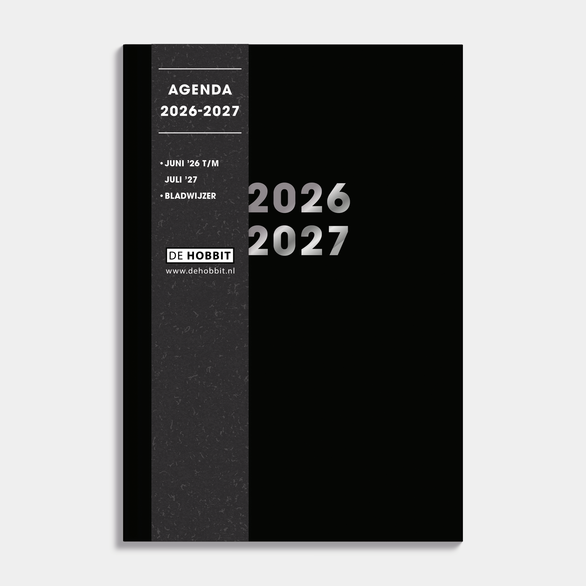 Zwarte schoolagenda 2026-2027 met harde cover – vooraanzicht met informatieve banderol.