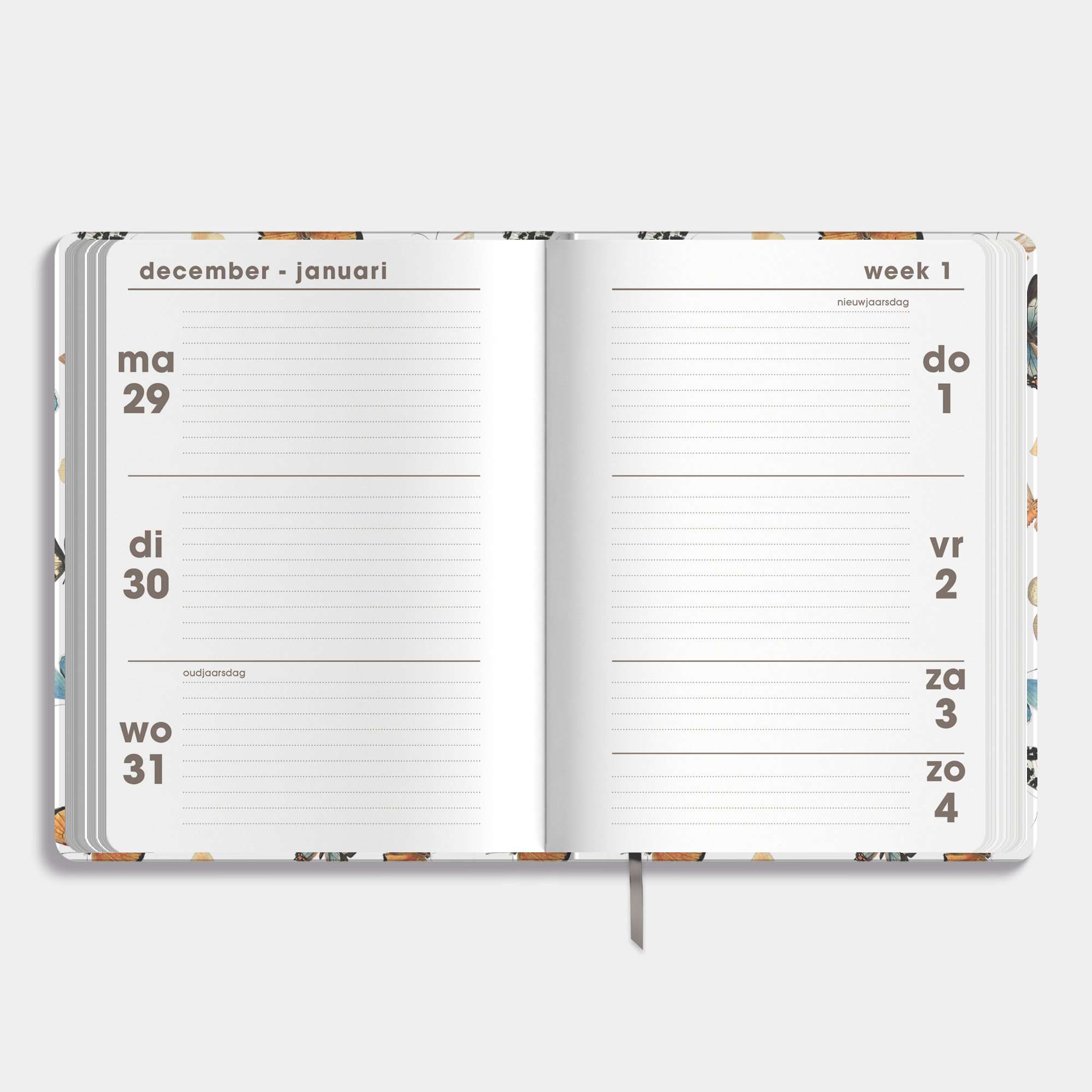 A6 agenda 2026 met vrolijk motief van kleurrijke vlinders – binnenwerk met weekoverzicht.