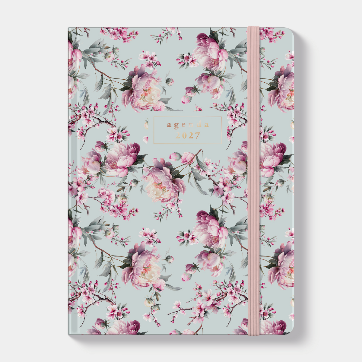 A6 agenda 2027 met kersenbloesemprint, met zachte cover en elastische sluiting – vooraanzicht.