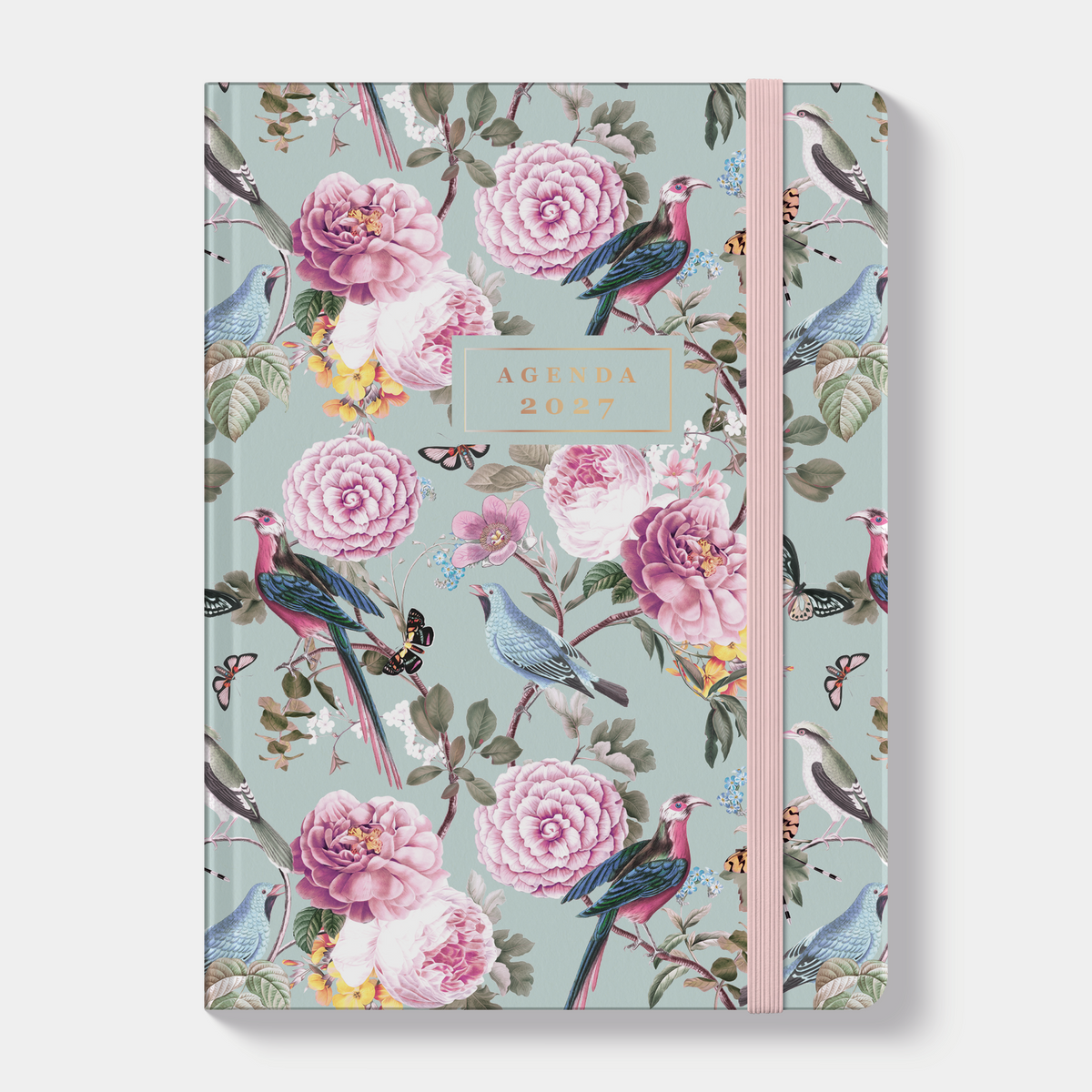 A6 agenda 2027 met romantische print van rozen, vlinders en vogels, met een zachte cover en elastische sluiting – vooraanzicht.