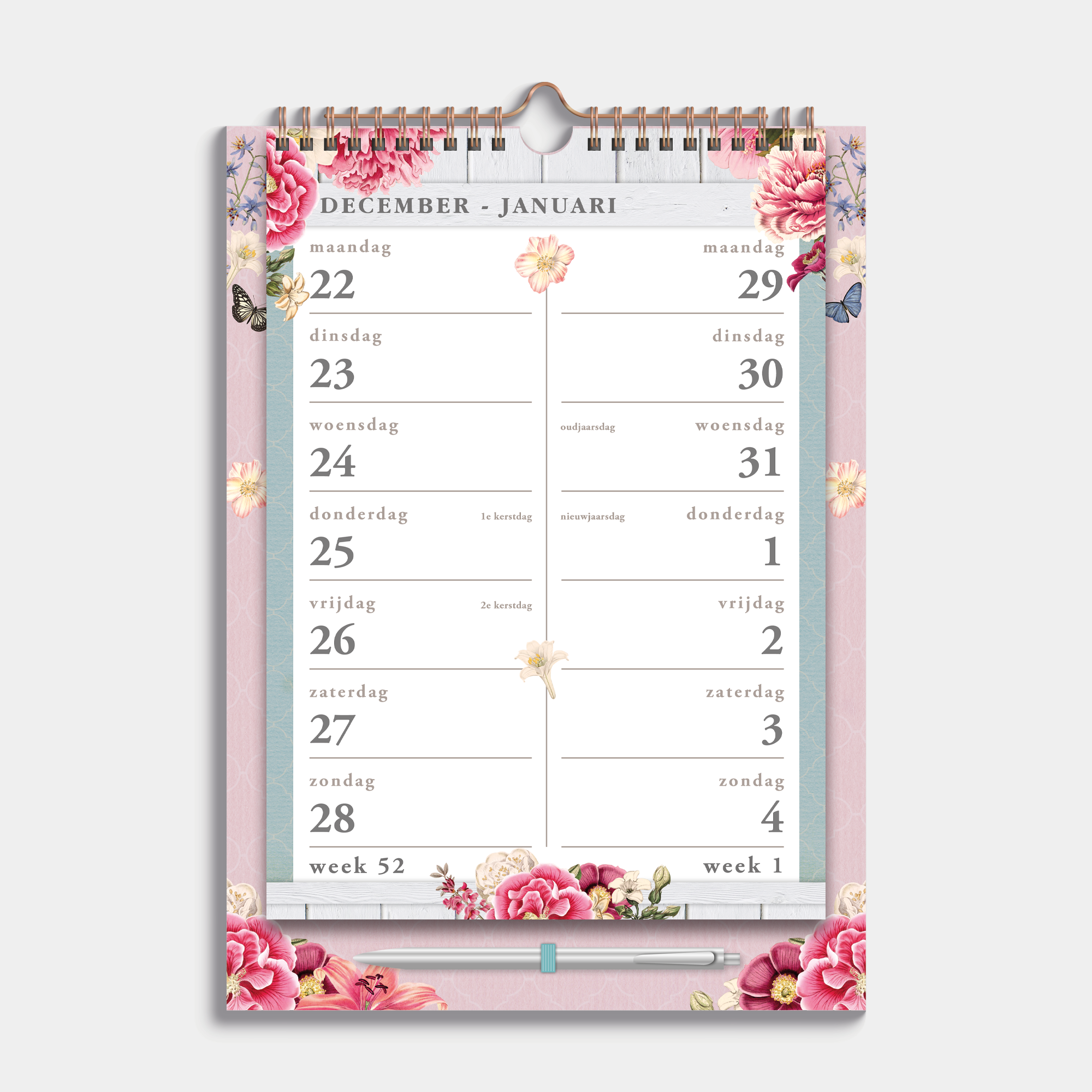 Spiraalkalender 2026 met 2 weeks overzicht in A4 formaat op een kartonnen bord in ons brocante thema – binnenwerk met 2-weeks overzicht.