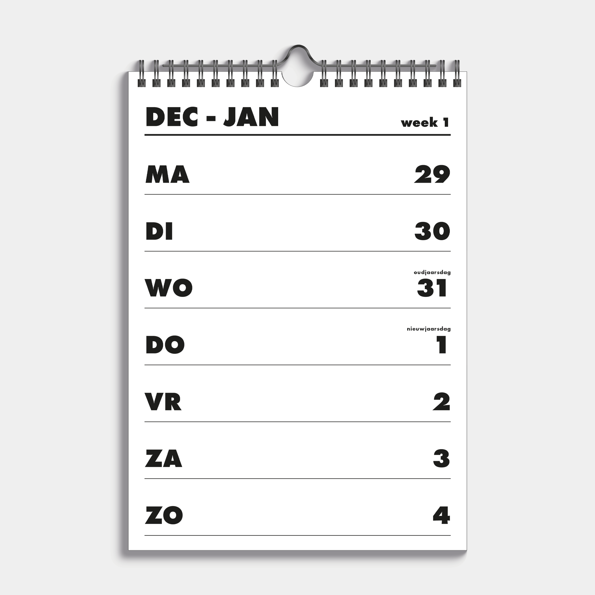Weekkalender 2026 A4 uitgevoerd in basic zwart en wit met een zwarte metalen spiraal en hanger – binnenwerk met weekoverzicht.