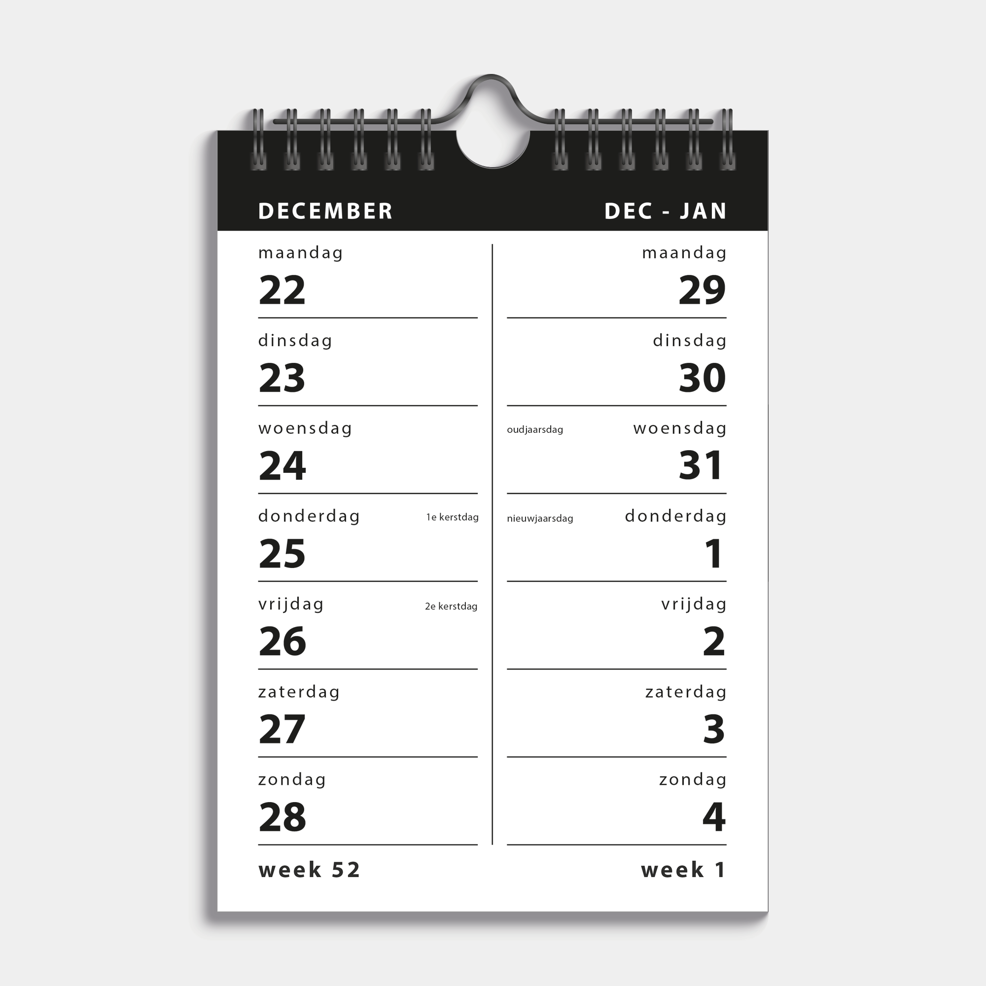 Spiraalkalender 2026 met 2 weeks overzicht in A5 formaat, uitgevoerd met in basic zwart/wit en gebonden in een zwarte metalen spiraal en hanger – binnenwerk met 2-weeks overzicht.