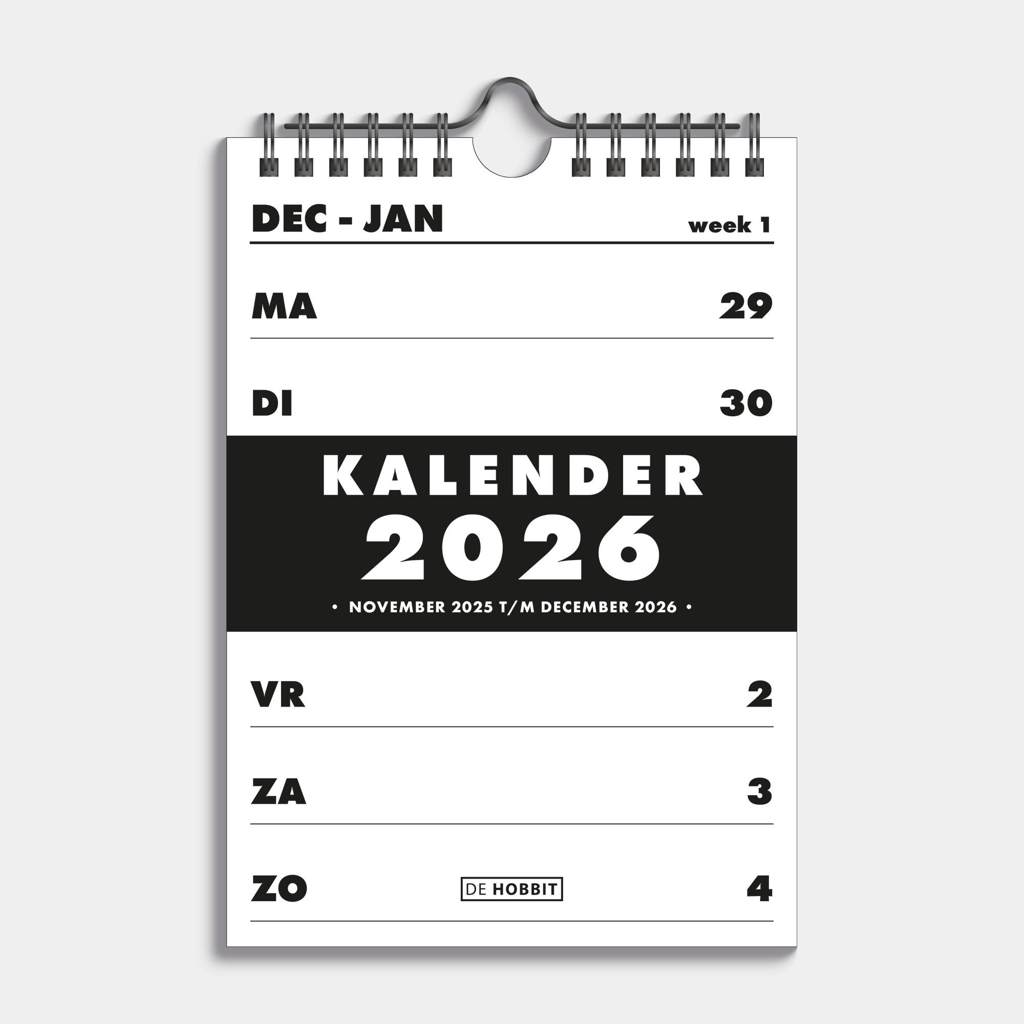 Weekkalender 2026 in A5, uitgevoerd in basic zwart en wit met een zwarte metalen spiraal en hanger – vooraanzicht met voorblad.