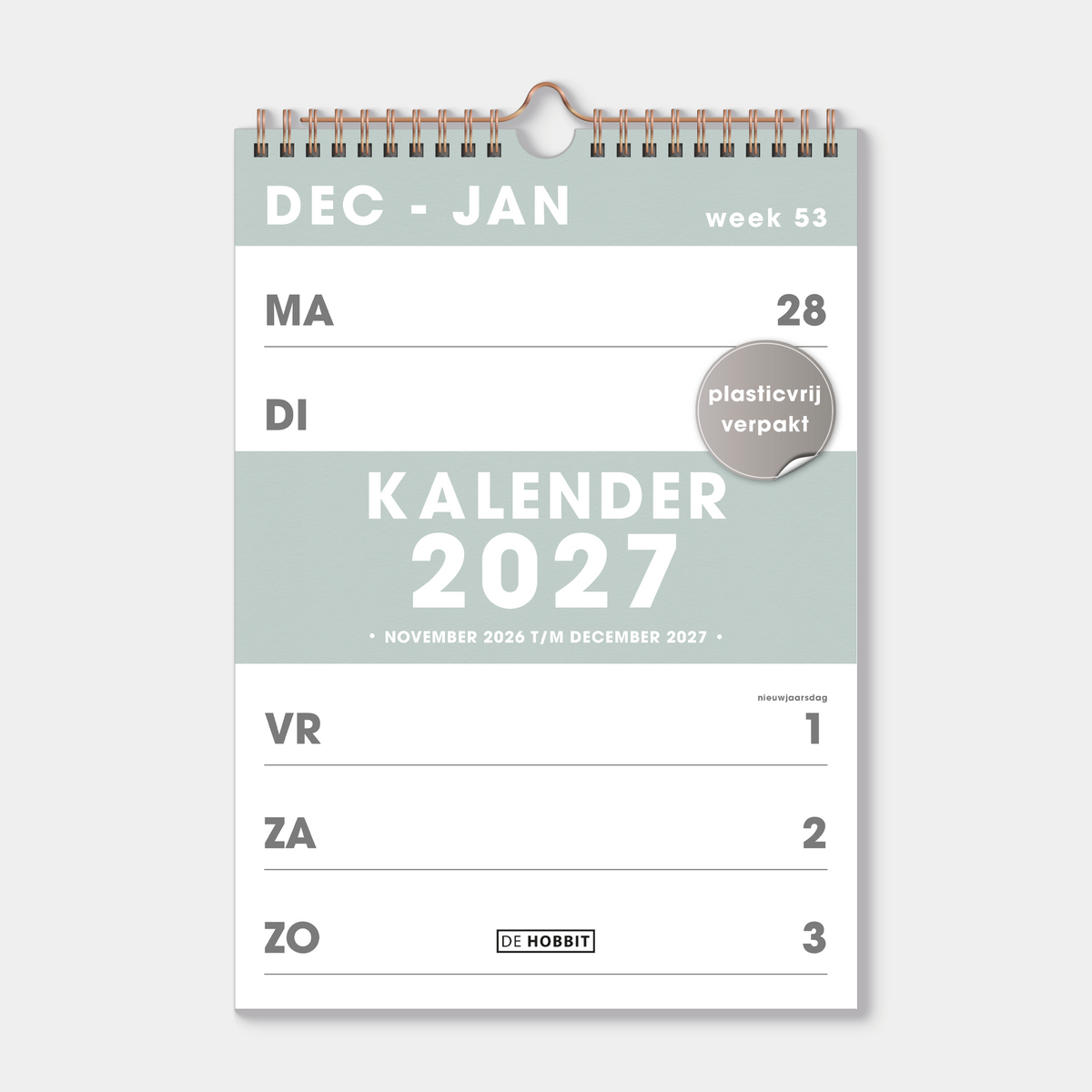 Weekkalender 2027 A4 uitgevoerd met grijsgroene accenten en een koperkleurige metalen spiraal en hanger – vooraanzicht met voorblad.