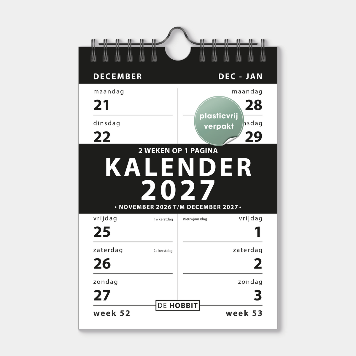 Spiraalkalender 2027 met 2 weeks overzicht in A5 formaat, uitgevoerd met in basic zwart/wit en gebonden in een zwarte metalen spiraal en hanger – vooraanzicht met voorblad.