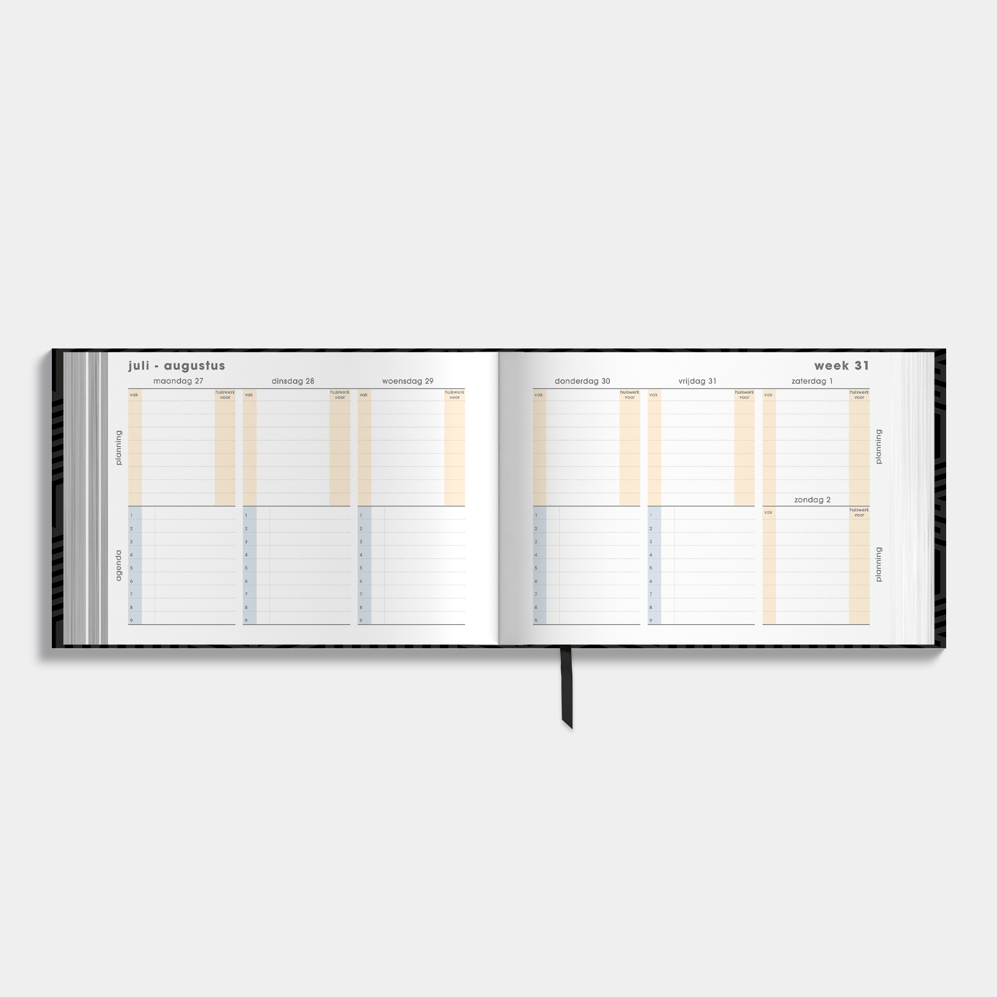 Studieplanner 2026-2027 met geometrisch patroon – weekoverzicht.