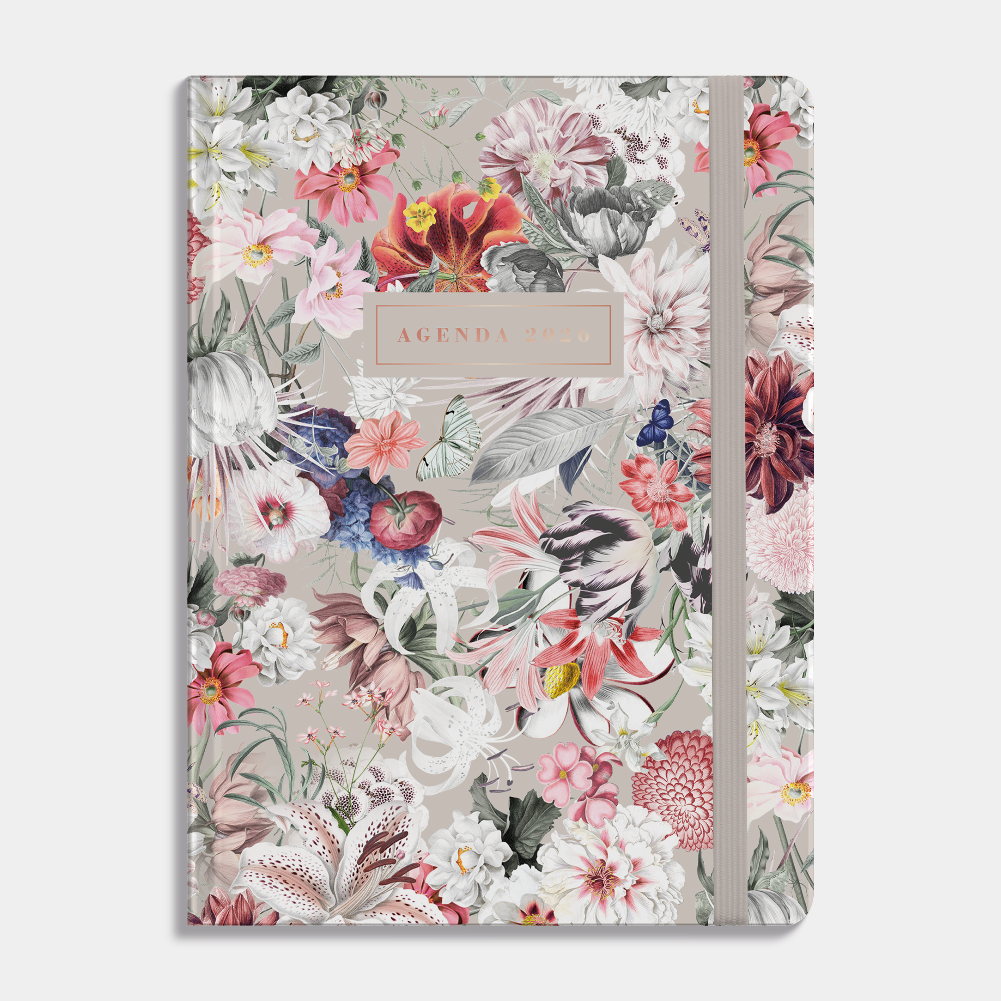 B6 weekagenda 2026 met dessin van bloemen op beige achtergrond, harde kaft en elastische sluiting – vooraanzicht.