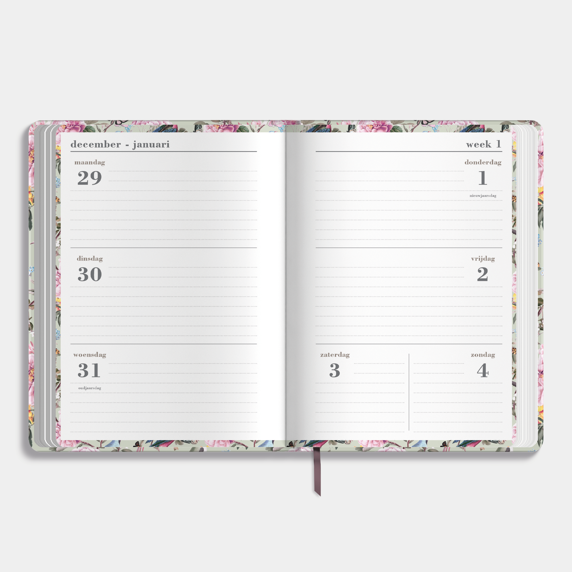 Weekagenda 2026 met romantische print van rozen en vogels op een zachtgroene achtergrond – binnenwerk met weekoverzicht.