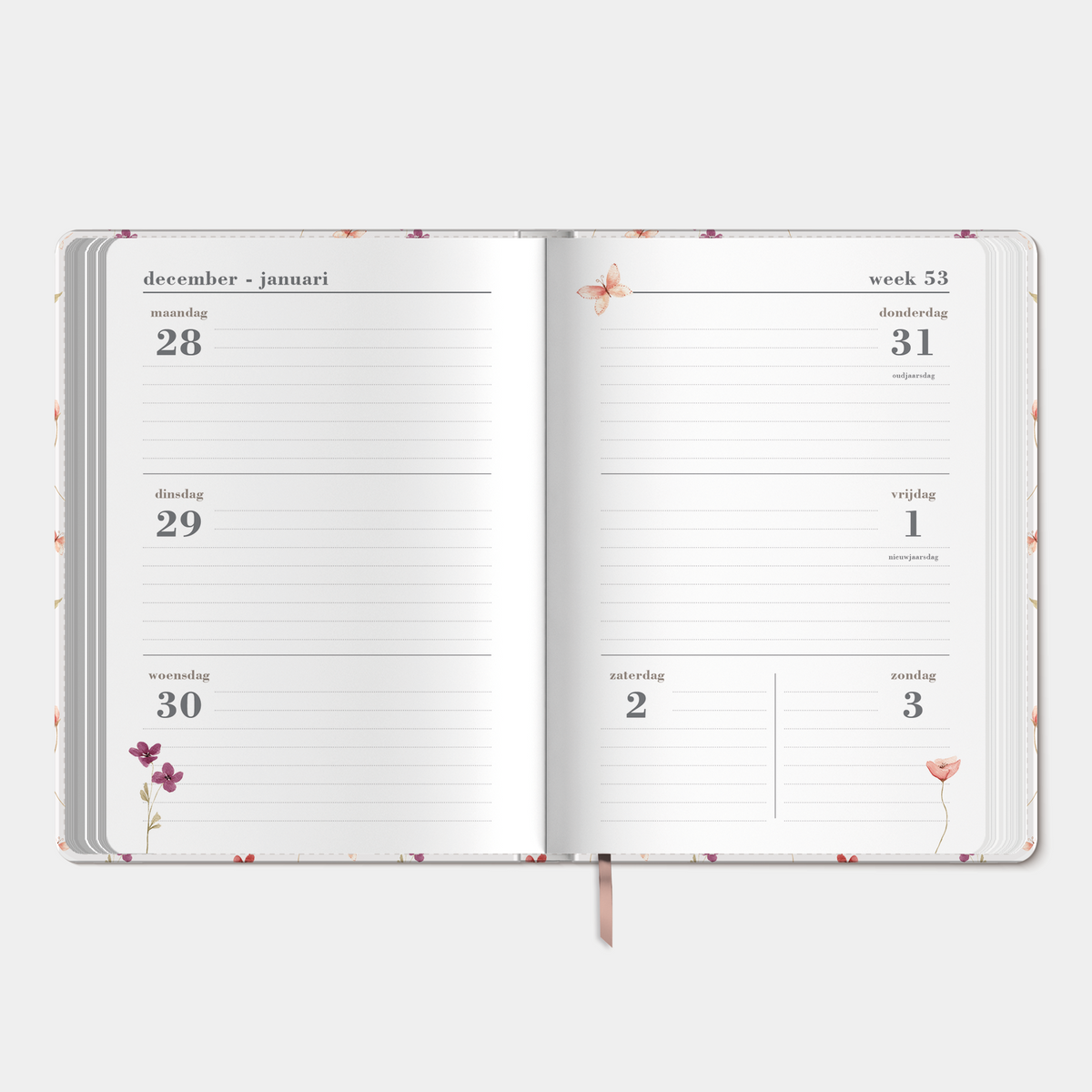 B6 weekagenda 2027 met dessin van kleine aquarel bloemetjes, met flexibele kaft – binnenwerk met weekoverzicht.