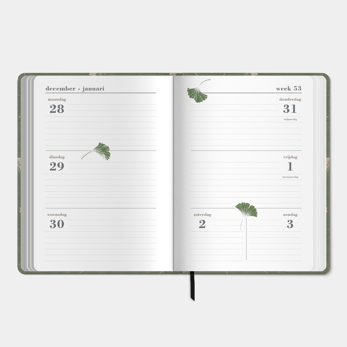 B6 weekagenda 2027 met dessin van ginkgo bladeren in glanzende goudfolie, met flexibele kaft – binnenwerk met weekoverzicht.