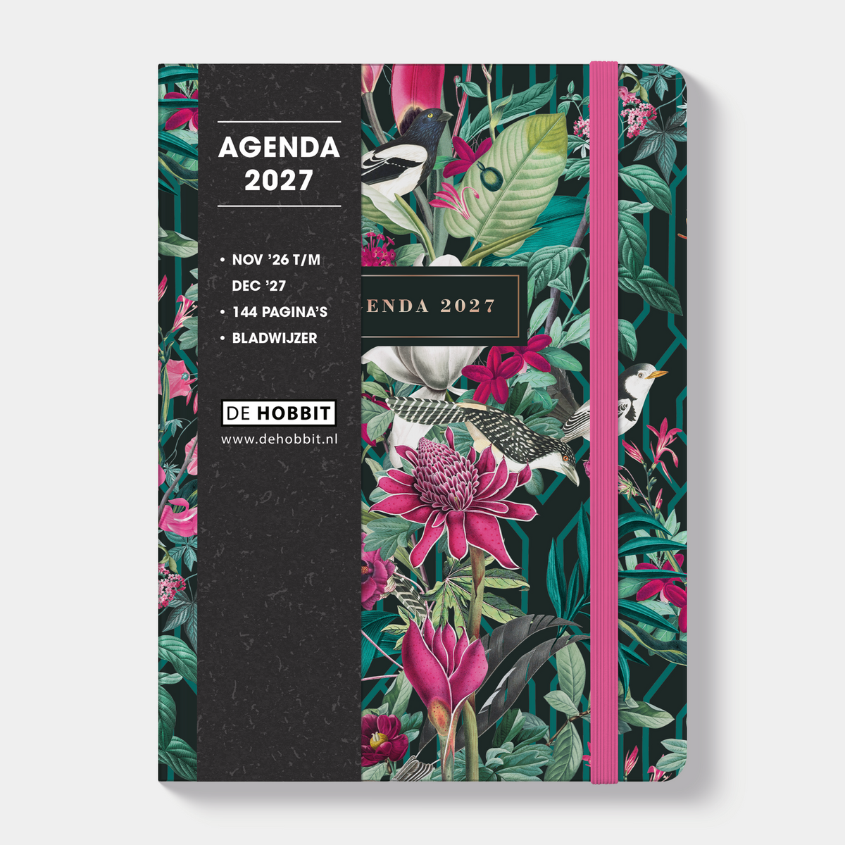 B6 weekagenda 2027 met een regenwoud dessin van vogels en tropische planten met fluorroze accenten, met harde kaft en elastische sluiting – vooraanzicht met informatieve banderol.