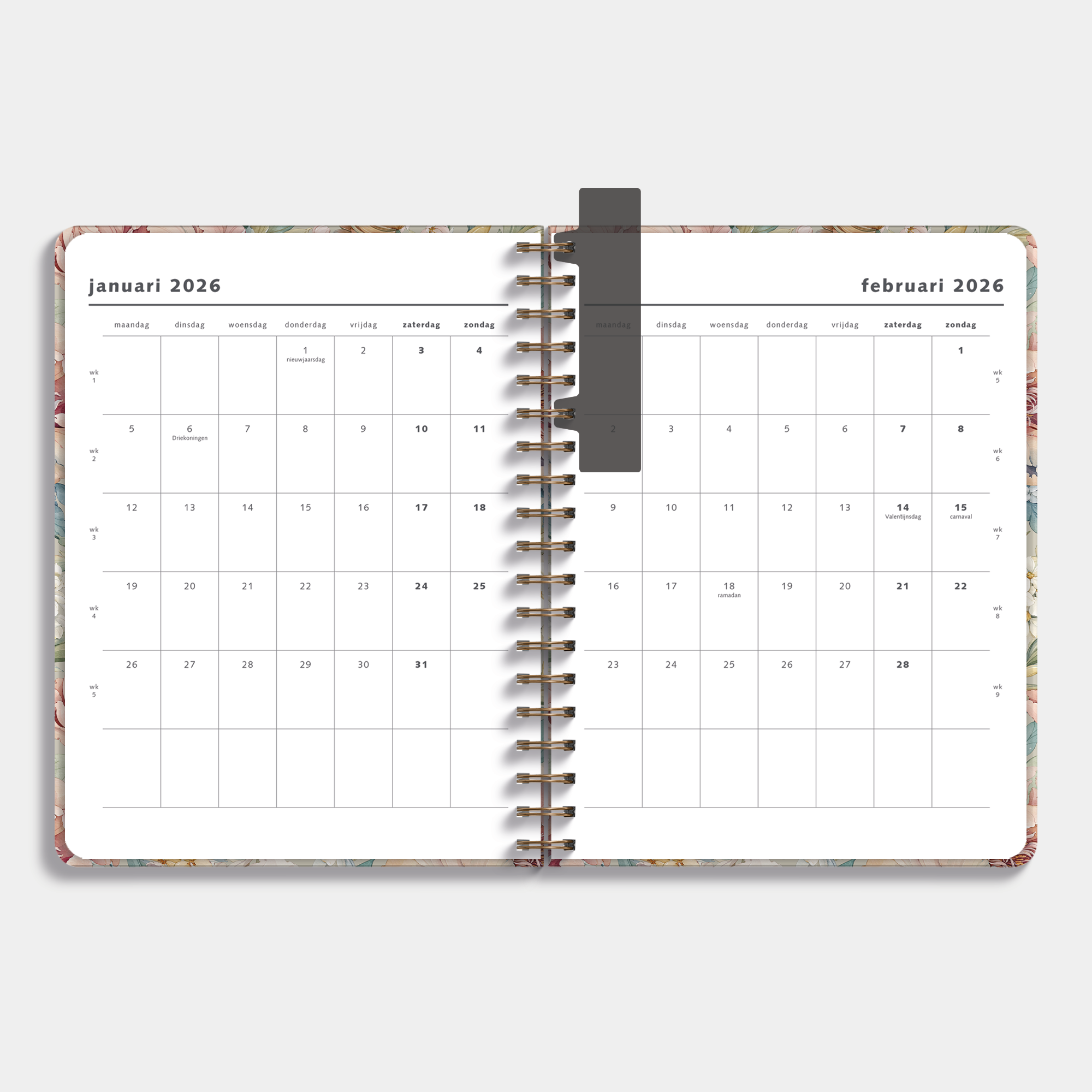weekplanner 2026 met vintage print van pioenen en jasmijn – binnenwerk met maandplanner.