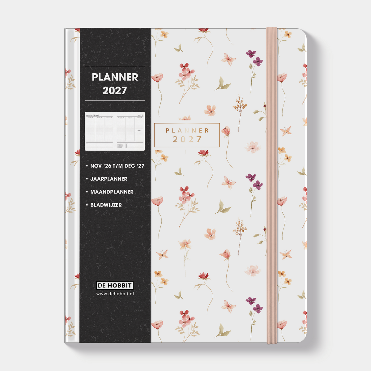 Weekplanner 2027 met lieve print van aquarel bloemetjes, harde cover en elastische sluiting – vooraanzicht met informatieve banderol.