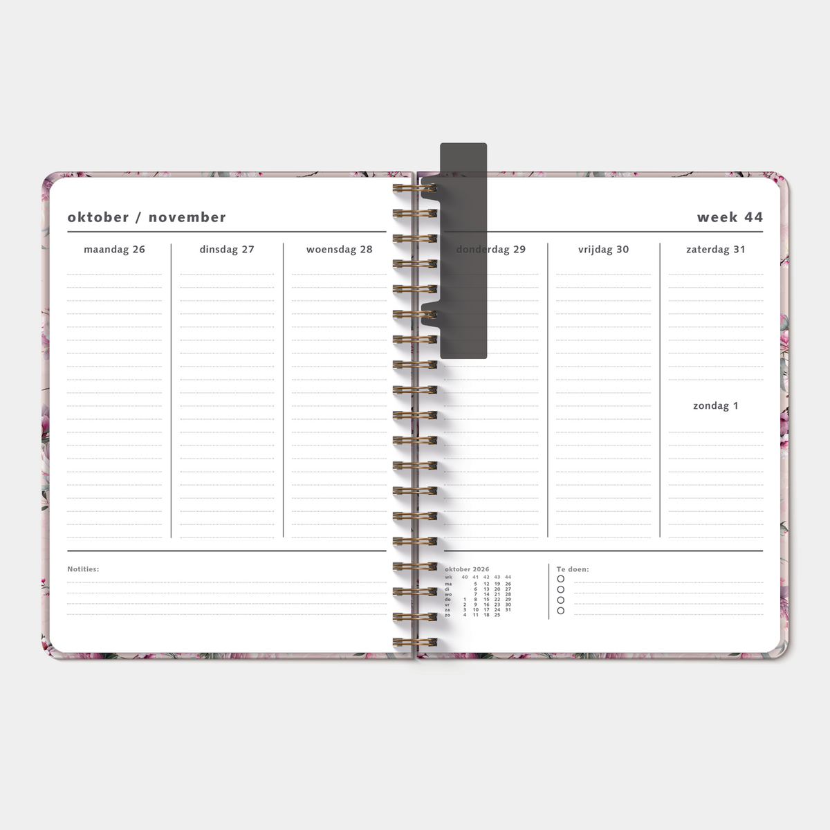 weekplanner 2027 met kersenbloesem print – binnenwerk met weekoverzicht en ruimte voor notities.