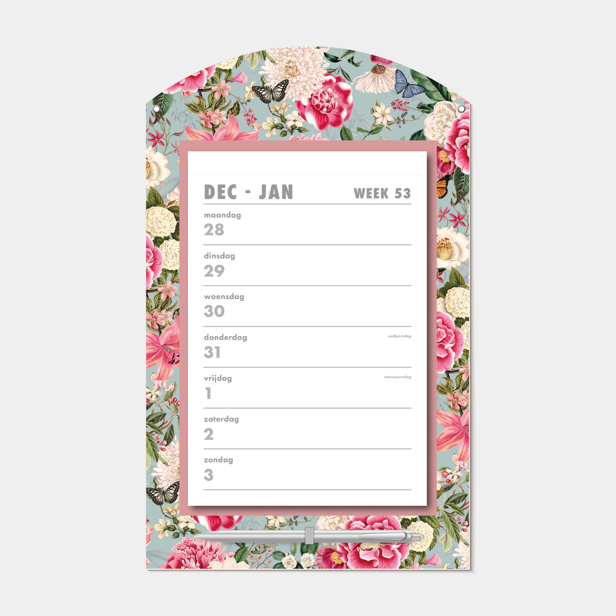 Scheurkalender 2027 op een kartonnen bord voorzien van een vrolijk brocante motief met rozen en vlinders, met pen – vooraanzicht.