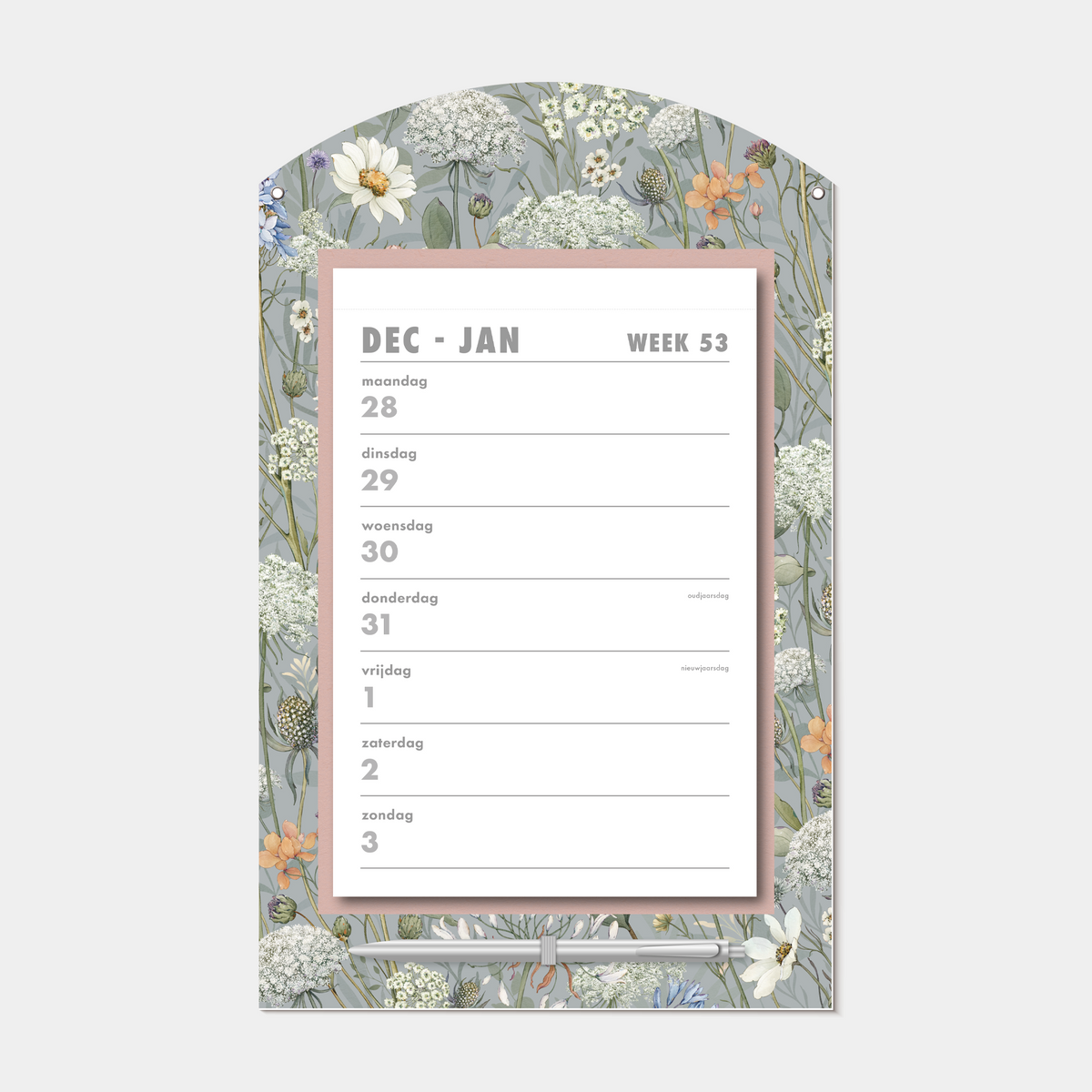 Scheurkalender 2027 op een kartonnen bord met een print van weidebloemen, met pen – binnenwerk met weekoverzicht.