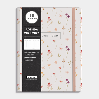18 maanden agenda 2025 - 2026 A4 met een aquarel bloemetjes print, harde cover en elastische sluiting – vooraanzicht met informatieve banderol.
