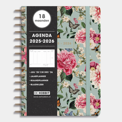 18 maanden agenda 2025 - 2026 A5 brocante bloemenprint, harde cover en elastische sluiting – vooraanzicht met informatieve banderol.