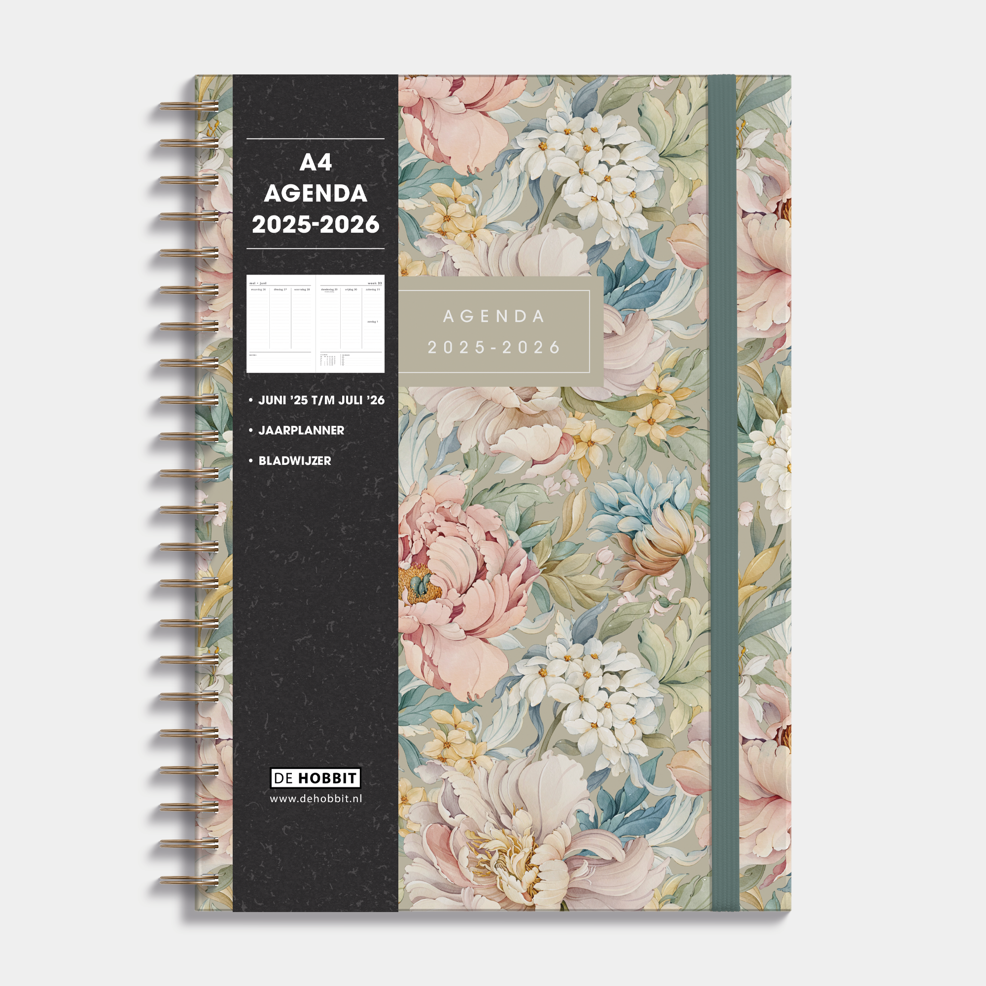 A4 agenda 2025-2026 met vintage bloemenprint, harde cover en elastische sluiting – vooraanzicht met informatieve banderol.