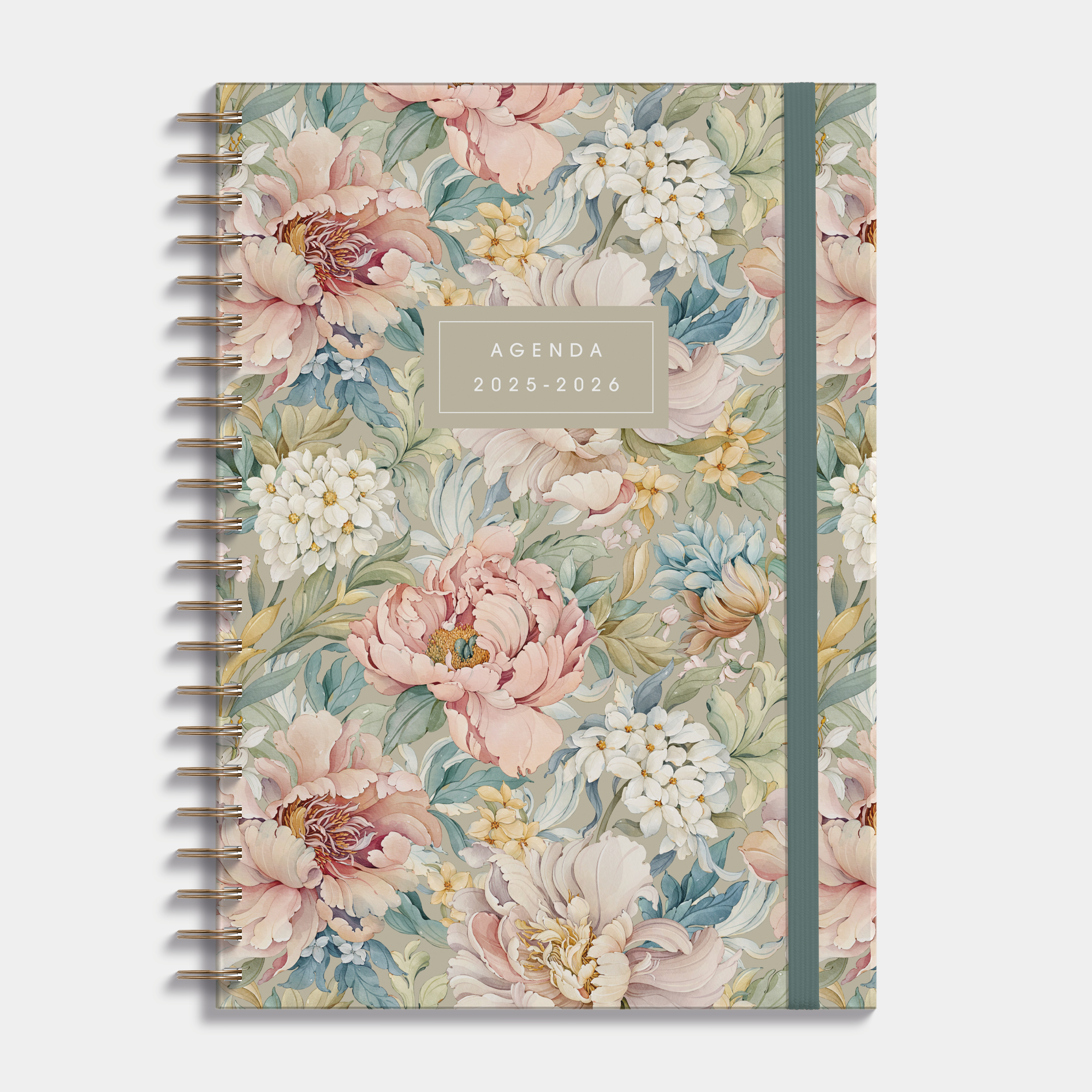 A4 agenda 2025-2026 met vintage bloemenprint, harde cover en elastische sluiting – vooraanzicht.