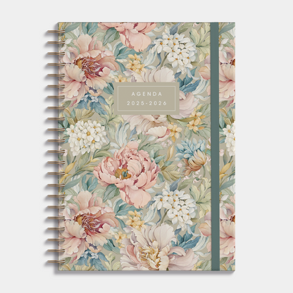 A4 agenda 2025-2026 met vintage bloemenprint, harde cover en elastische sluiting – vooraanzicht.