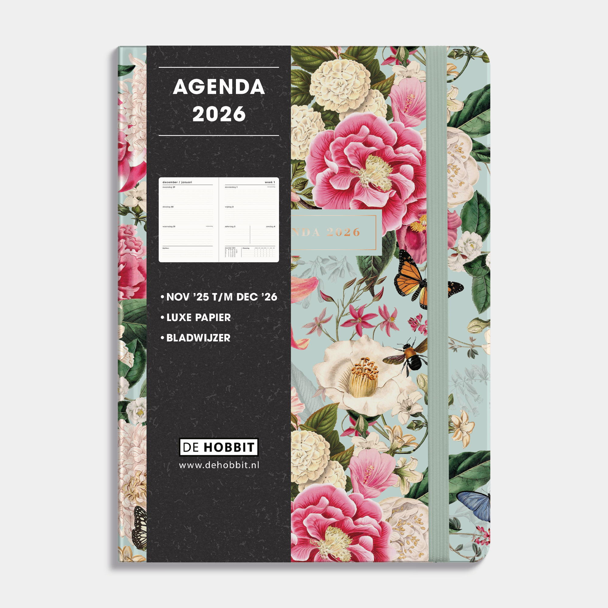 A5 agenda 2026 met een brocante print, harde cover en elastische sluiting – vooraanzicht met informatieve banderol.