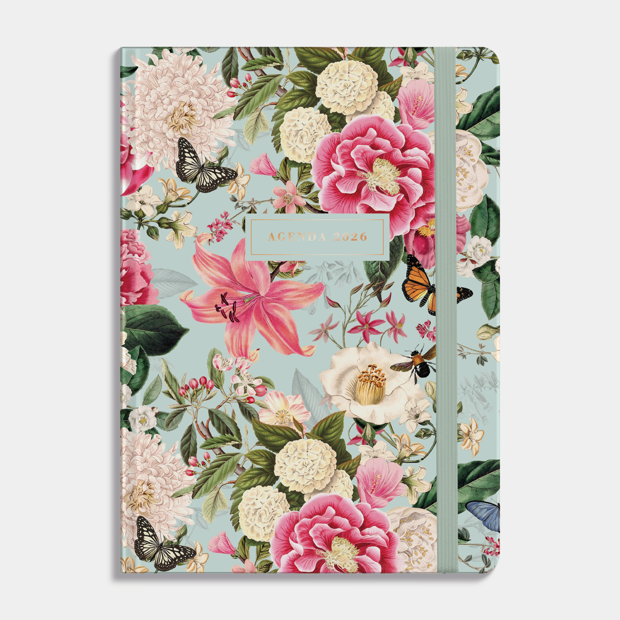 A5 agenda 2026 met een brocante print, harde cover en elastische sluiting – vooraanzicht.
