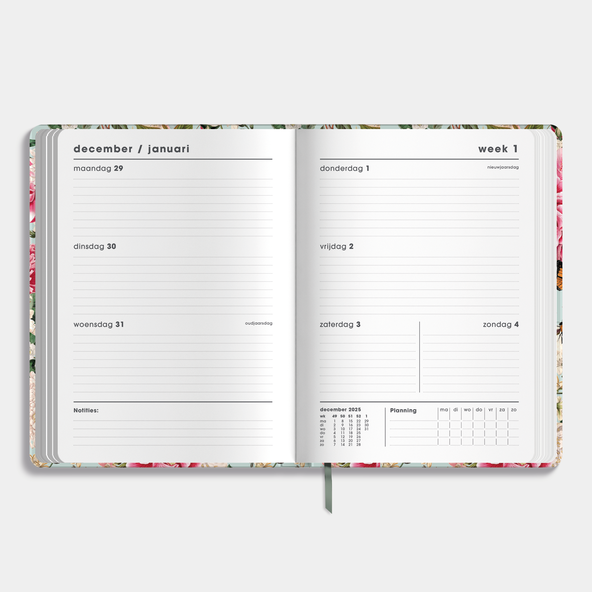 A5 agenda 2026 met brocante print – crèmekleurig binnenwerk met weekoverzicht.