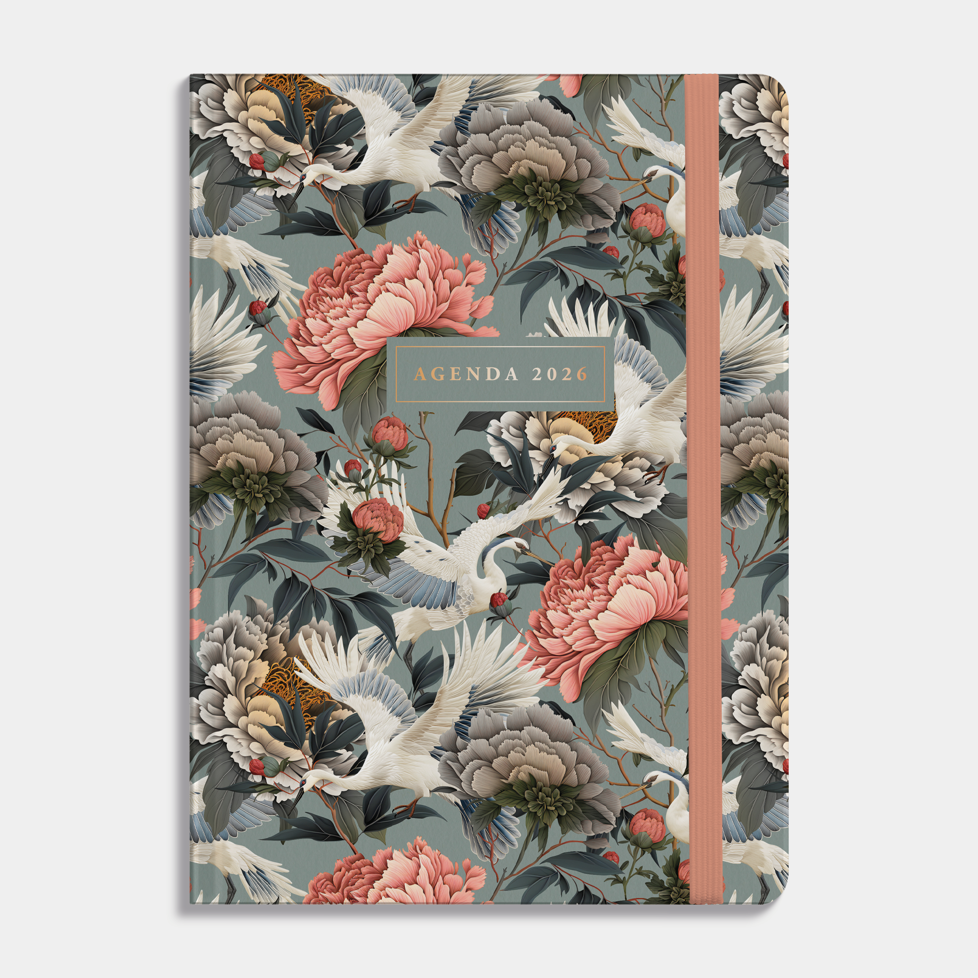 A5 agenda 2026 met een print van kraanvogels en pioenrozen, harde cover en elastische sluiting – vooraanzicht.