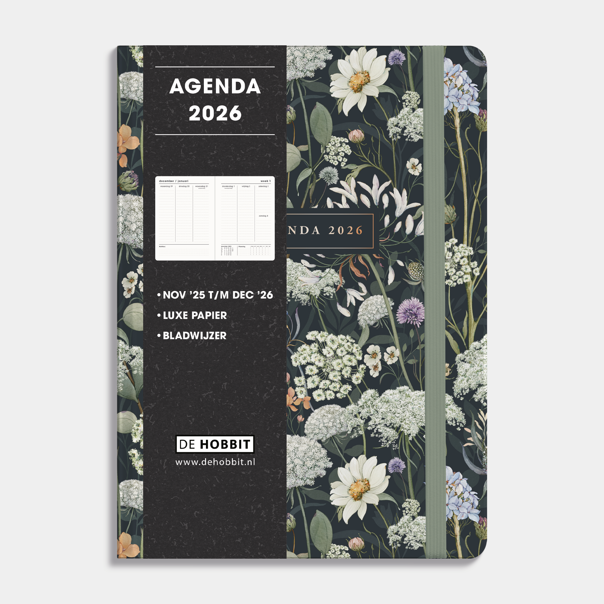A5 agenda 2026 met een print van weidebloemen op een donkere achtergrond, harde cover en elastische sluiting – vooraanzicht met informatieve banderol.