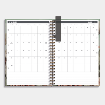 Afsprakenagenda 2025 - 2026 A4 met veldbloemenprint – binnenwerk met maandplanner.