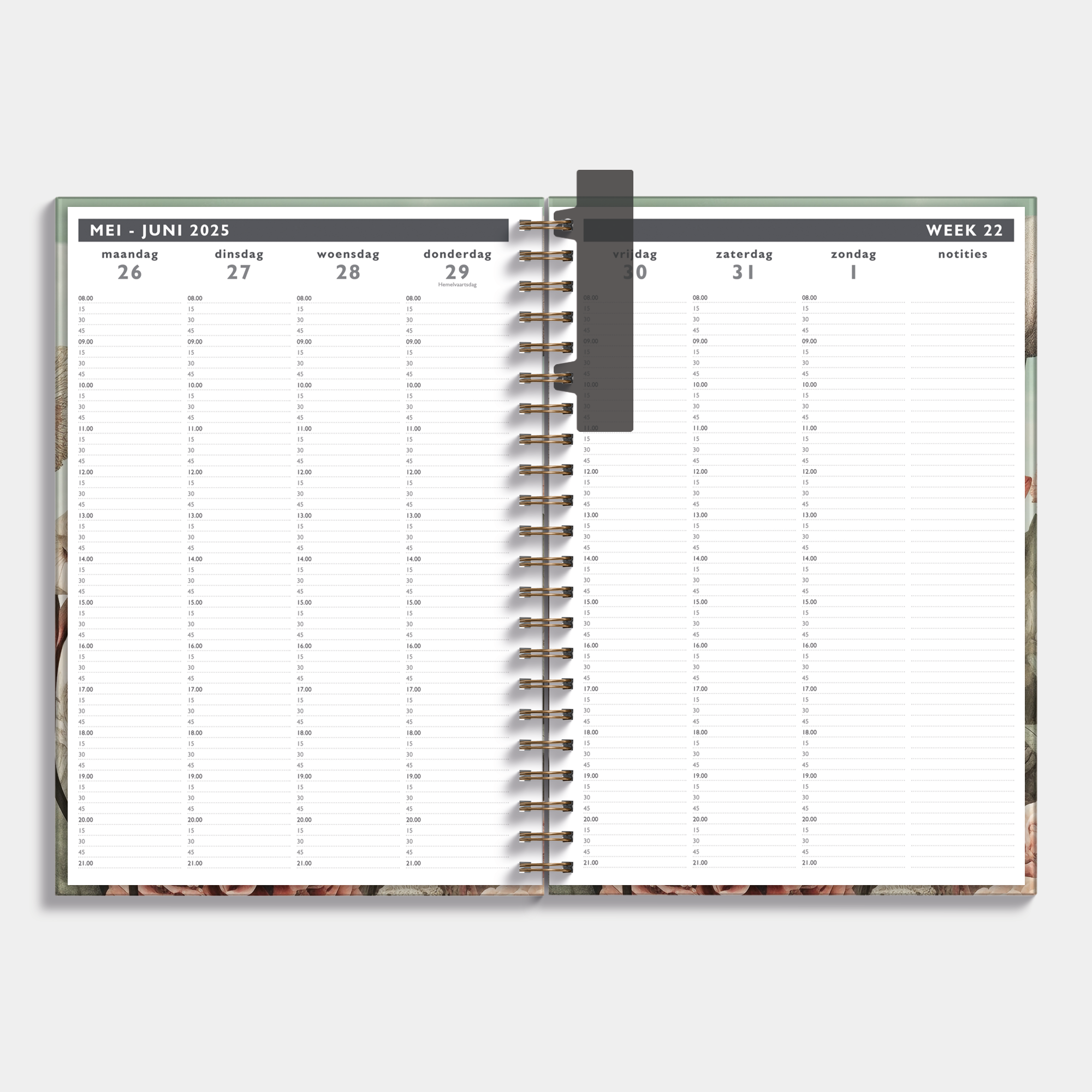 Afsprakenagenda 2025 - 2026 A4 met veldbloemenprint – binnenwerk met weekoverzicht en ruimte voor notities.