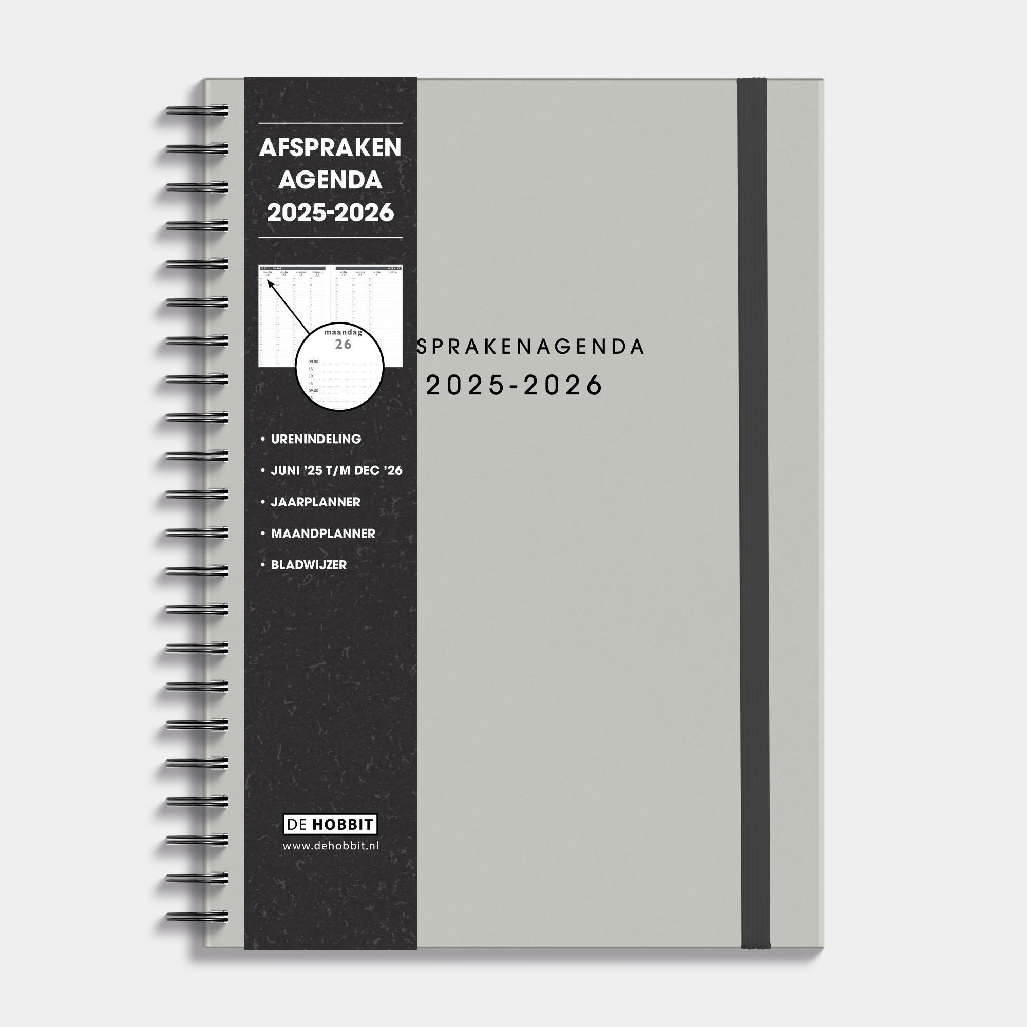 Afsprakenagenda 2025 - 2026 A4 met grijze washed craft afwerking, harde cover en elastische sluiting – vooraanzicht met informatieve banderol.