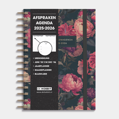 Afsprakenagenda 2025 - 2026 A5 met klassieke print van rode bloemen op een donkere achtergrond, harde cover en elastische sluiting – vooraanzicht met informatieve banderol.