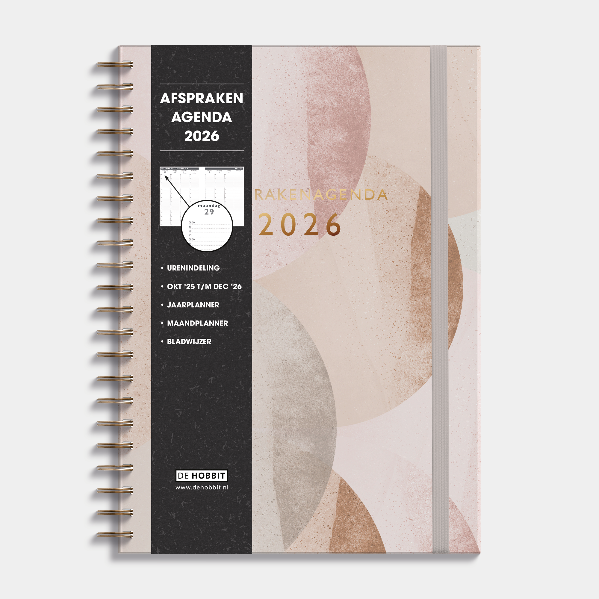 Afsprakenagenda 2026 A4 met oudroze dessin, harde cover en elastische sluiting – vooraanzicht met informatieve banderol.