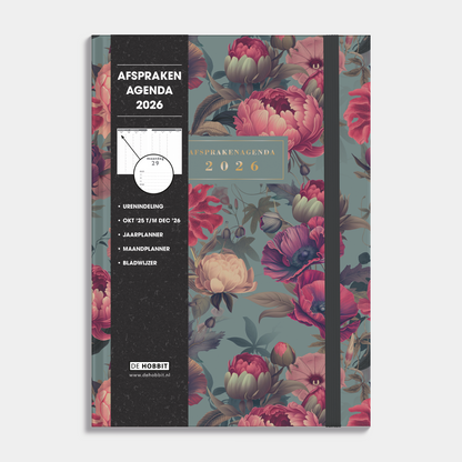Afsprakenagenda 2026 A4 met klassieke print met rozen, harde cover en elastische sluiting – vooraanzicht met informatieve banderol.
