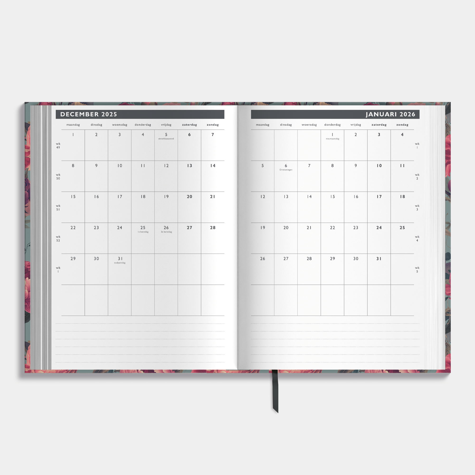 Afsprakenagenda 2026 A4 met klassieke print met rozen – binnenwerk met maandplanner en ruimte voor notities.