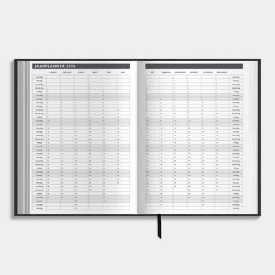 Afsprakenagenda 2026 A4 met zwarte lederlook afwerking – binnenwerk met jaarplanner.