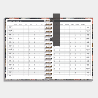 Afsprakenagenda 2026 A5 met klassieke print van kraanvogels en pioenrozen – binnenwerk met jaarplanner.